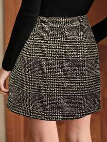 Franclia Women's Autumn/Winter Fashion New Stylish Houndstooth Retro Minimalist Commuter Versatile Daily Japanese Street Style Asymmetric Hem Skirt - Coffee Brown - View 2