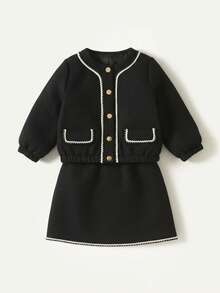 Maija Kids 年轻女孩黑色粗花呢拼布黑白丝带夹克和裙子休闲优雅套装 - 黑色 - 查看 3