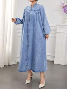 Modelyn Đầm dài tay dài màu xanh denim cỡ lớn cho nữ - Rửa trung bình - Xem 6