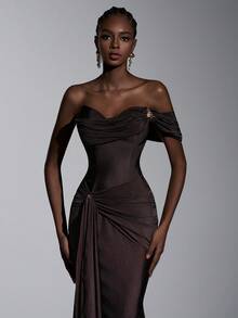 Elitara Minimalist Sweetheart Neckline One-Shoulder Metal Rhinestone Decor Waist Crossed Ruffle Concealed Belly Design Bodycon Dress, Suitable For Formal Occasions Like Balls, Business Events, Private Parties, Birthdays, Holidays, Weddings As Guest Attire, Lightweight Formal Gown - Brown - View 4