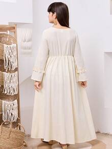 Tween Girl Elegant Round Neck Solid Color Patchwork Pattern Tassel Decor Dress,Kids - Apricot - View 2