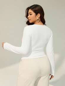 SHEIN Essnce Plus Size Contrast Color Floral Print Round Neck Long Sleeve T-Shirt - Pink - View 2