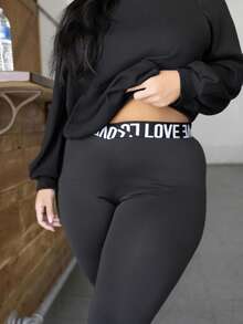 Truni 大码女式休闲字母腰带打底裤 - 黑色 - 查看 4