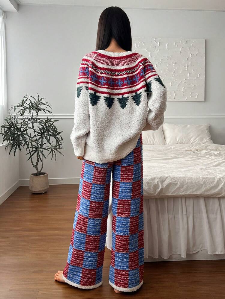 2pcs Women Knitted Loose Long Sleeve Top And Long Pants Pajama Set, Winter