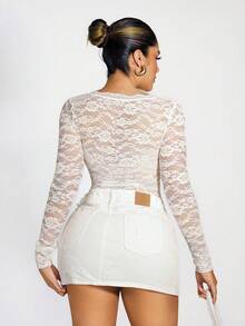 Sirith 女士性感透视蕾丝荷叶边系带外套，冬季 - 白色 - 查看 2