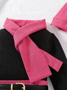 SHEIN 女婴优雅斜纹软呢面料四件套：半身裙、提花针织上衣、围巾和帽子，秋冬装 - 玫紅色 - 查看 6