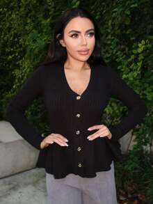 Durrani Popal V领修身拼布花卉下摆不对称纽扣女式开衫 - 黑色 - 查看 6