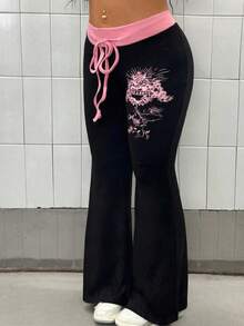 SHEIN PETITE CURVE Plus Size Women's Autumn/Winter Casual Street Style Waist Drawstring Contrast Color Front Print Fitted Flare Pants - Multicolor - View 3