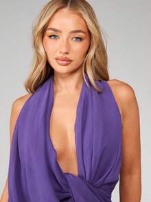 MISSGUIDED Crinkle Chiffon Twist Front Drape Halter Neck Mini Dress Sleeveless Purple Bodycon Party Evening - Purple - View 5