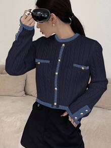 DAZY Women's Elegant Contrast Trim Button Knit Sweater, Autumn - Navy Blue - View 3