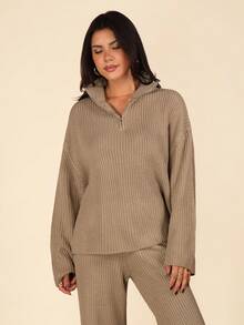 Coeurva 2pcs Women Casual Khaki Zip-Up Drop Shoulder Sweater And Knit Pants Set, Autumn/Winter,Fall - Khaki - View 4