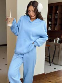 Muchica 2pcs/Set Light Blue Casual Thermal Lined Hooded Sweatshirt And Pants Set For Women, Autumn Winter