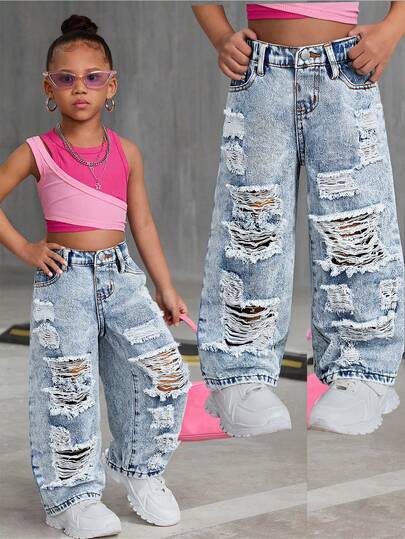 SHEIN 年轻女孩做旧休闲浅色水洗宽松高腰直筒牛仔裤，休闲男友风牛仔裤，适合冬季和夏季假期节日、新年、圣诞节女孩穿着，街头复古风，舒适百搭