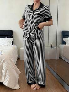 SHEIN 泡泡褶皱撞色短袖长裤女士睡衣套装 - 黑與白 - 查看 5