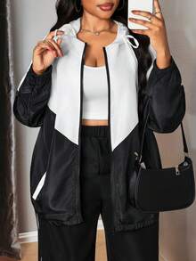 Truni Plus Size Women Contrast Color Zip Front Drawstring Hooded Casual Jacket,Back To School Winter Fall Autumn, For Pear Triangle Body Shape - Multicolor - View 7