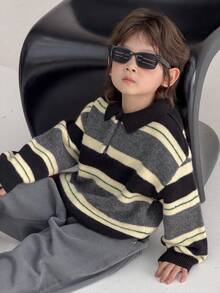 DAZY 男童休闲落肩条纹针织套头毛衣 - 灰色 - 查看 1