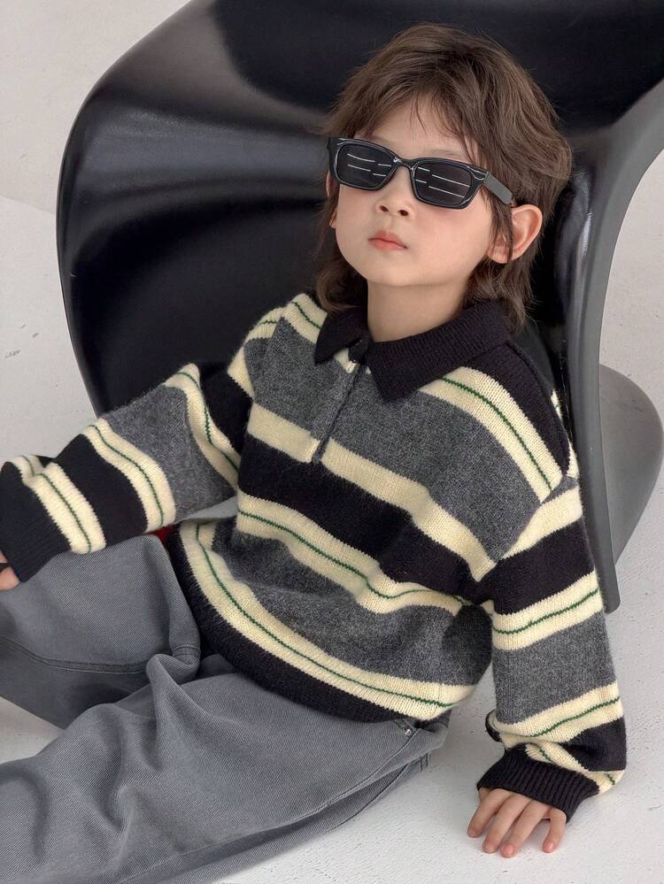 Young Boy Casual Drop Shoulder Striped Knit Pullover Sweater