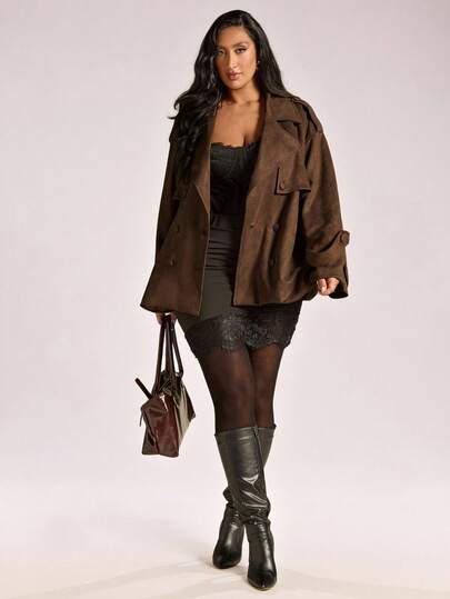 SHEIN BAE Plus Size Women's Solid Color Lapel NeckDrop Shoulder Long Sleeve Casual Belted Windbreaker Jacket, Autumn/Winter