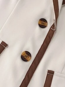 GlowEve CURVE 女士单排扣撞色滚边西装外套及A字裙套装，优雅休闲通勤时尚复古商务度假装，杏色西装外套搭配棕色半裙，秋冬两件套 - 彩色 - 查看 6