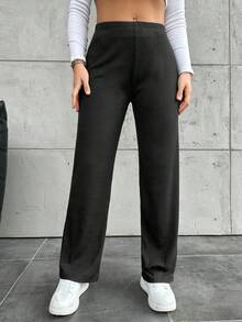 Plus Size Casual Solid Color Straight Leg Pants - Dark Grey - View 2