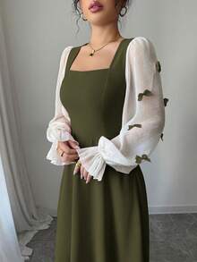 Modelyn Robe patchwork tissée pour femmes avec décoration de nœud et ceinture à la taille - Militaire verte - Voir 3