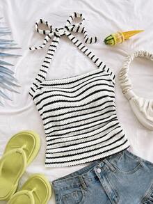 Soleia Women's Vacation Halter White Knit Textured Fitted Camisole,Tank Top - Black and White - View 3