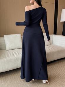 DAZY Women's Solid Color Fitted Asymmetrical Shoulder Long Sleeve Sweater & A-Line Long Skirt Elegant Party Outfit, 2 Piece Set, Autumn/Winter - Navy Blue - View 2