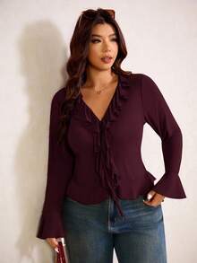 Elaquor Blusa de mujer de talla grande con cuello de volantes, manga acampanada y lazo delantero en unicolor, para primavera. Blusa con lazo delantero para mujer en primavera - Burdeos - Ver 6