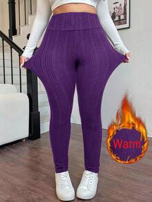 SHEIN EZwear Quần legging giữ nhiệt cạp cao màu tím cỡ lớn, Thu/Đông - Màu tím - Xem 1