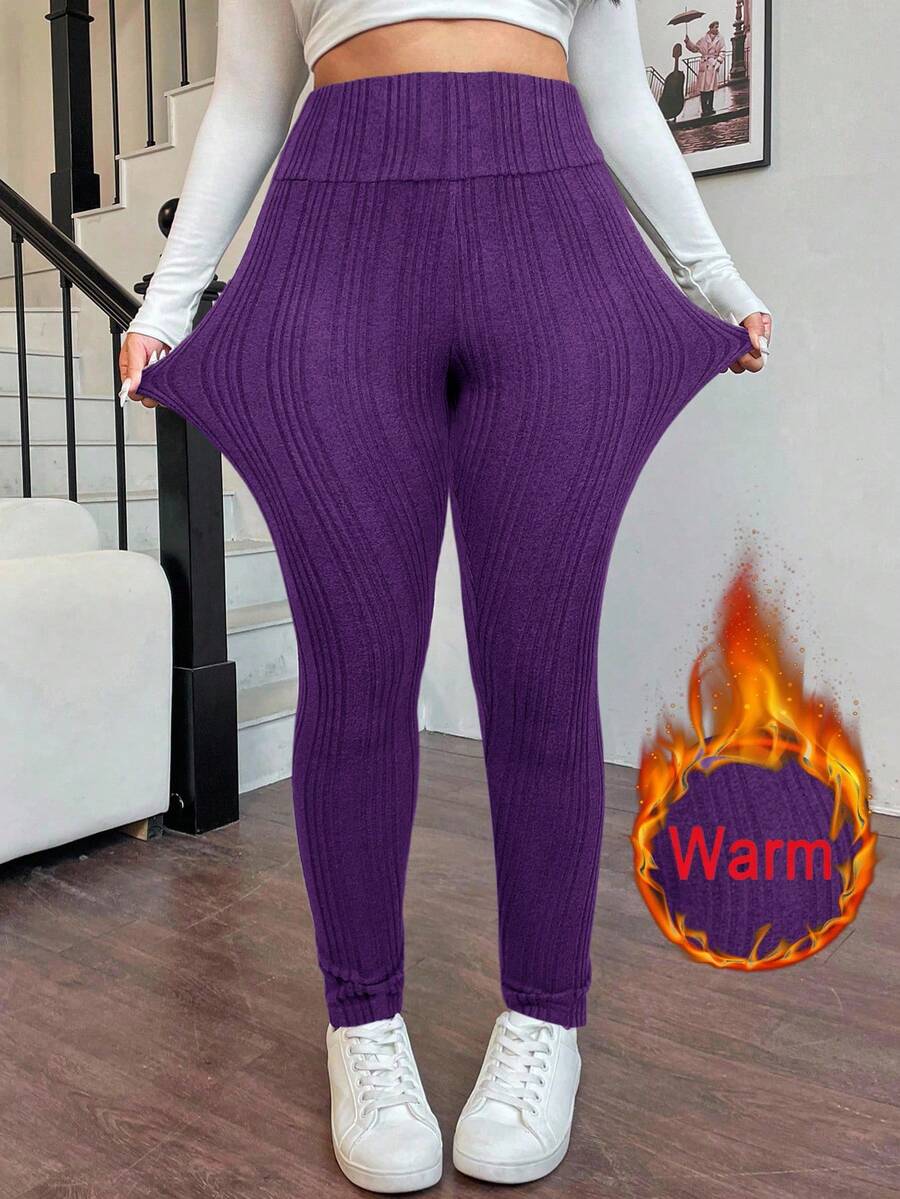SHEIN EZwear Quần legging giữ nhiệt cạp cao màu tím cỡ lớn, Thu/Đông - Màu tím - Xem 1