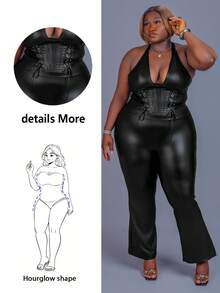 CurvyTilda Damen Große Größen einfarbiges, simples, lässiges Pu-Leder-Trägershirt mit Ösen-Dekor und Krawatte, Y2K Ausgeh-Oberteil mit Burgunder V-Ausschnitt und Off-Shoulder Design