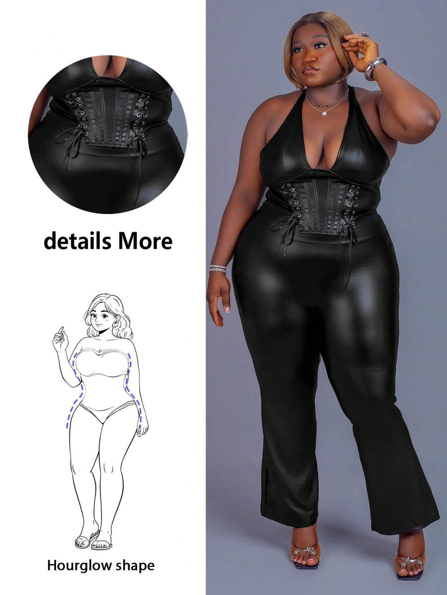 CurvyTilda Damen Große Größen einfarbiges, simples, lässiges Pu-Leder-Trägershirt mit Ösen-Dekor und Krawatte, Y2K Ausgeh-Oberteil mit Burgunder V-Ausschnitt und Off-Shoulder Design