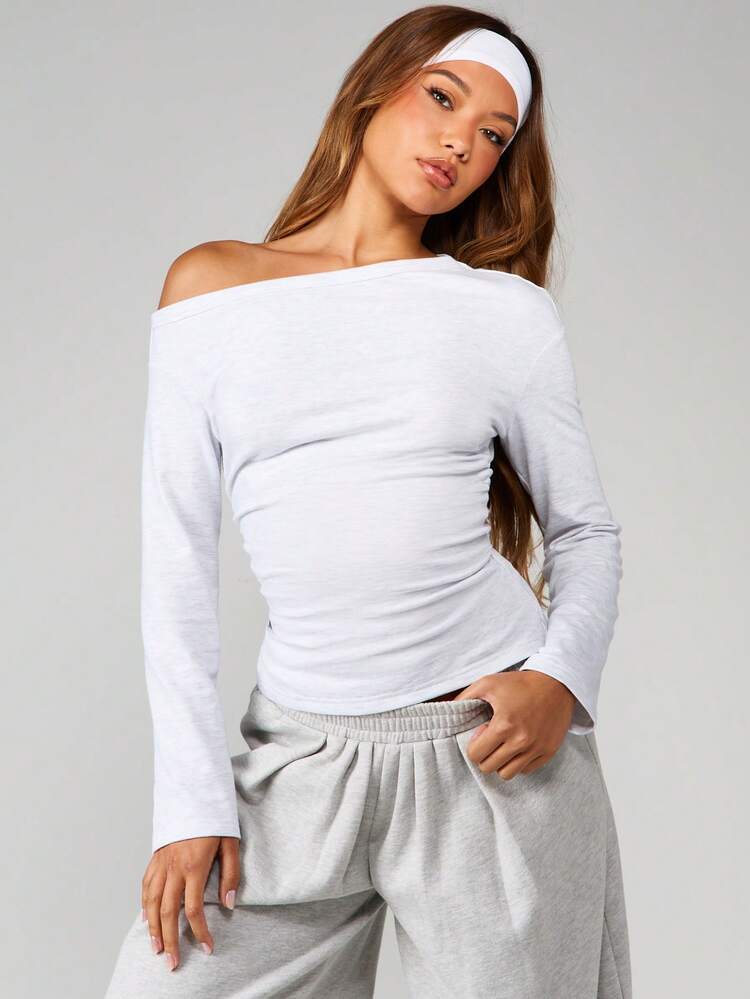 MISSGUIDED Off The Shoulder Cinched Waist Long Sleeve Top Fall Winter Comfort Fit White