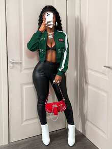 BamGleam Chaqueta casual ajustada con cremallera y estampado de letras, para mujer en invierno - Verde Oscuro - Ver 3