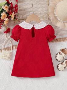 SHEIN Baby Girls' Ruffle Collar Puff Sleeve A-Line Dress Red And White Summer Cute Elegant Birthday Party Gown With Side Pleats Infant Fashion Photo Shoot - Red - View 2