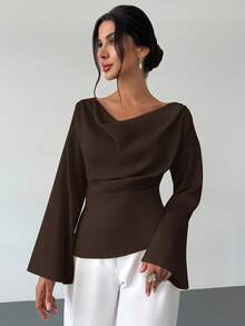 SHEIN PETITE CURVE Plus Size Women's Solid Color Draped Collar Flare Sleeve Pleated Fitted Blouse, Spring/Autumn,Spring Top,Valentine Outfits For Women,Weddings & Events,Elegant Women's Blouses,Casual Outfit For Women, - Brown - View 2