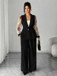 SHEIN Clasi Bộ đồ vest dáng chữ A thắt eo thêu hoa bằng lưới cỡ lớn dành cho nữ, trang phục thanh lịch cho các buổi đi chơi, tụ tập, đi dạo, thích hợp cho ngày tựu trường, lễ tốt nghiệp, ngày lễ, ngày lễ tình nhân, lễ hội âm nhạc, ngày của mẹ, halloween, lễ tạ ơn, lễ phục sinh, ngày quốc khánh, khiêu vũ, hẹn hò, tiệc tùng, đám cưới, hoạt động ngoài trời - màu đen - Xem 2