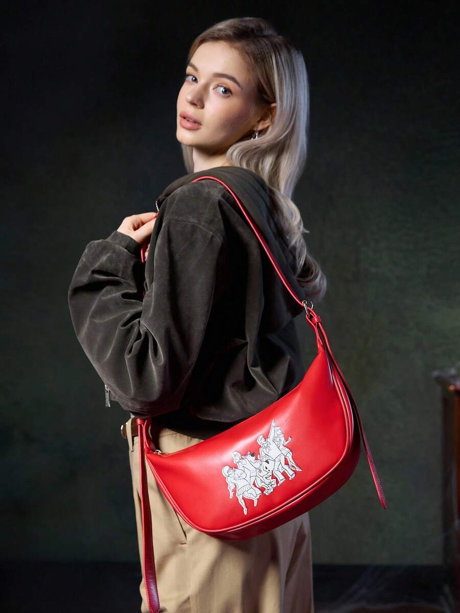 SCOOBY-DOO X SHEIN 发光印花单肩包 Hobo - 紅色 - 查看 1