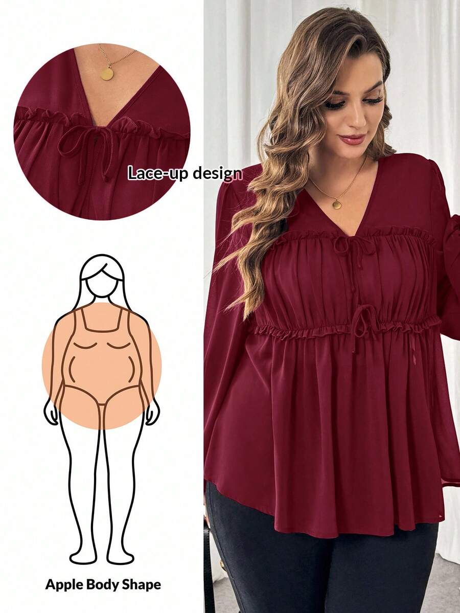 SHEIN Essnce 大码女装春夏时尚休闲优雅宽松红色雪纺透视长袖蝴蝶结衬衫，春季，红色上衣，曲线性感上衣，海滩度假，夜店，早午餐，长袖上衣 - 酒紅色 - 查看 1