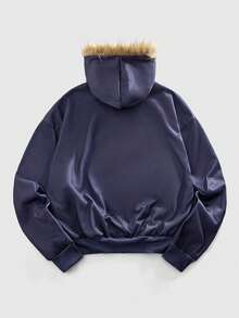 ROMWE MEN Áo hoodie có khóa kéo phong cách sinh viên thường ngày dành cho nam, Thu/Đông - Màu xanh hải quân - Xem 2