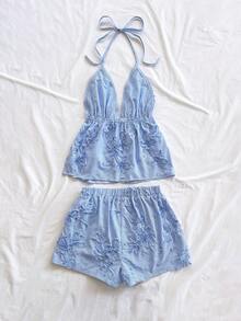 Soleia Women's Fashion Classic Blue & White Striped V-Neck Halter Tie-Front Sexy Camisole And Loose Super Short Shorts 2-Piece Set, Suitable For Date, Party, City Street, Vacation Summer Spring Valentine's Day Casual Vacation  Beach Wedding Birthday Going Out Elegant Casual Vacation - Blue and White - View 2