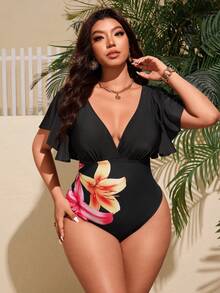 Swim Lushoire Đồ bơi liền thân cổ chữ V họa tiết hoa cỡ lớn cho nữ - Nhiều màu - Xem 4