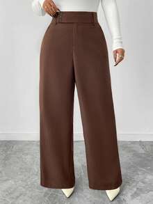 SHEIN PETITE CURVE 大码纯色纽扣休闲裤，适合通勤、秋冬季穿着 - 棕色 - 查看 1