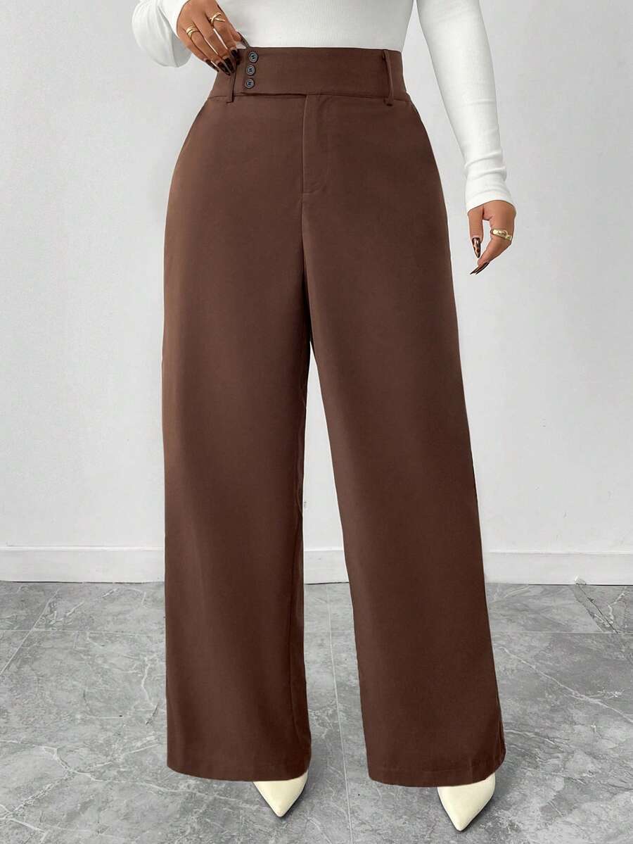 SHEIN PETITE CURVE 大码纯色纽扣休闲裤,适合通勤、秋冬季穿着 - 棕色 - 查看 1