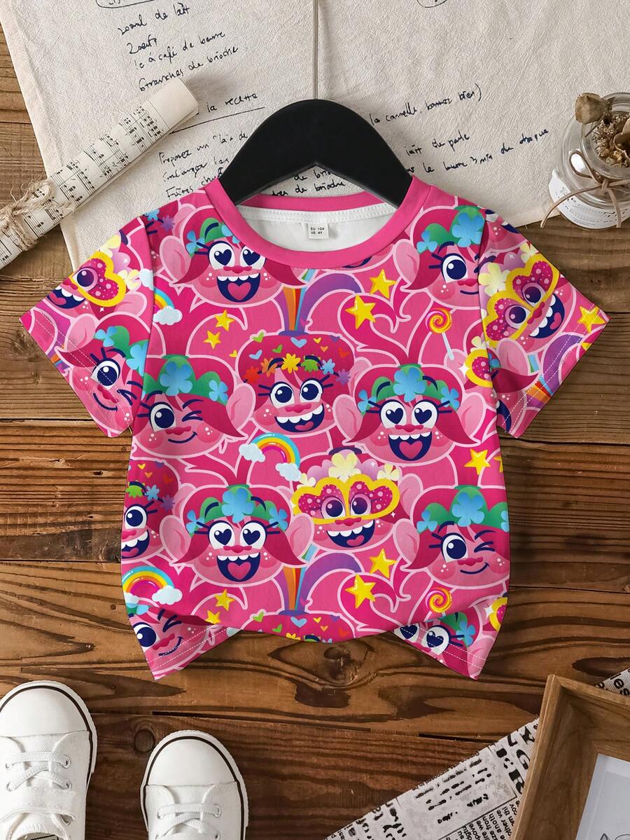 SHEIN Trolls Young Girl Cute Cartoon Pattern Round Neck Short Sleeve T-Shirt, Summer - White - View 1