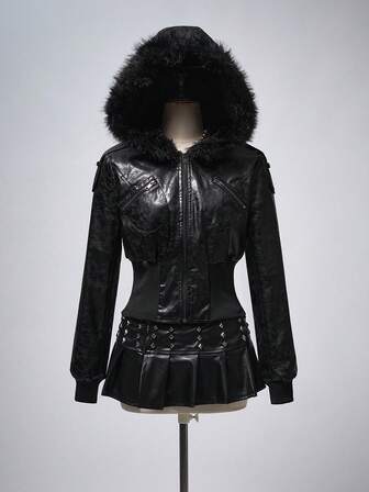 Grunge Punk Kpop Punk Embossed PU Leather Short Fitted Fur Collar Hooded Jacket