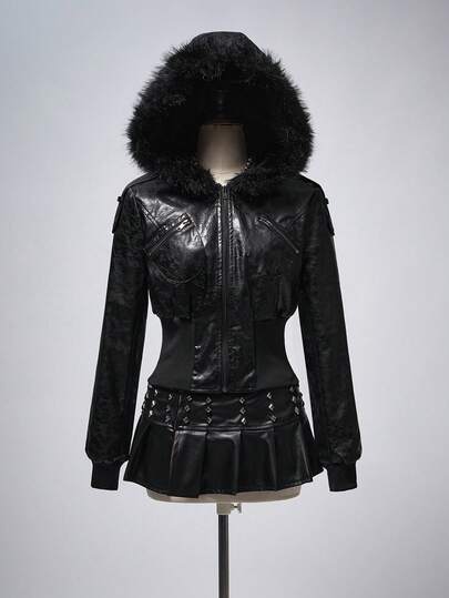 Grunge Punk Kpop Punk Embossed PU Leather Short Fitted Fur Collar Hooded Jacket