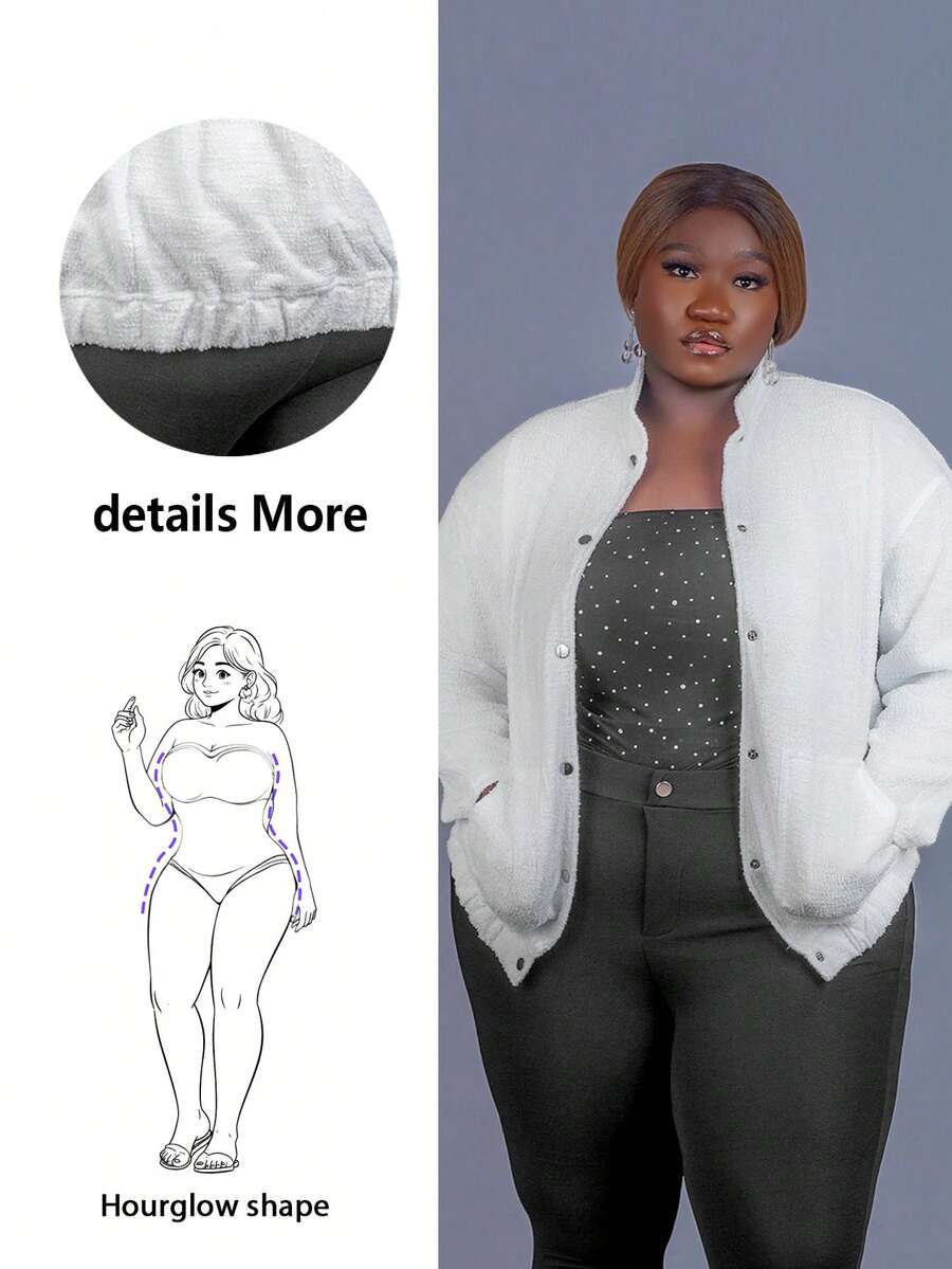 CurvyTilda Chaqueta casual holgada de un solo pecho de manga larga con hombros caídos de unicolor para mujer de talla grande, para otoño/invierno - Blanco - Ver 1