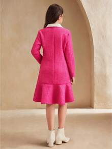 SHEIN Abrigo largo de manga larga elegante con contraste de color de doble botonadura para niña preadolescente - Rosa Fucsia - Ver 2