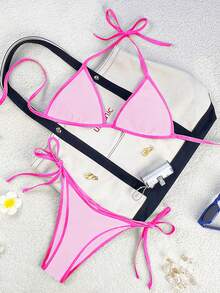 Bonvoyette Trang phục đi biển mùa hè cho nữ, Bộ bikini cổ yếm màu tương phản kèm quần bơi buộc dây bên hông, dáng ôm vừa vặn - Hồng - Xem 2